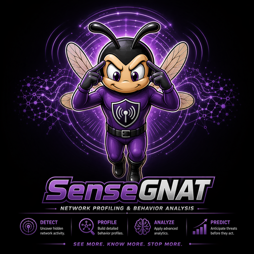 SenseGNAT mascot — a GNAT in a deep-violet suit, fingers at its temples, signal arcs radiating from a shield badge